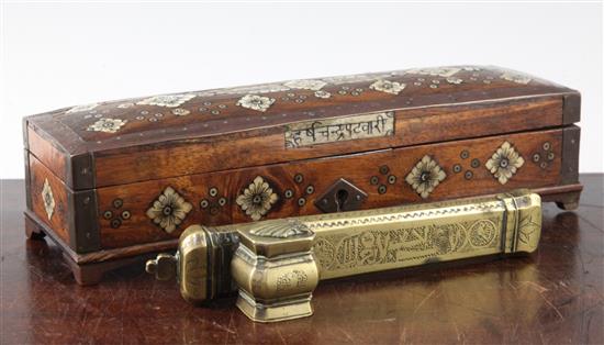 An Indian Box and a Persian brass scribes case, 19th century, 27cm and 20cm